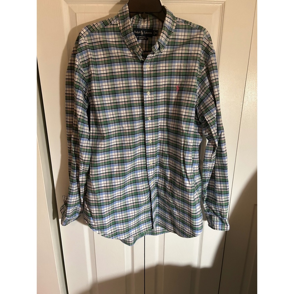 Ralph Lauren Classic Fit Plaid Button Down Shirt Mens XL Green Blue Pink Pony